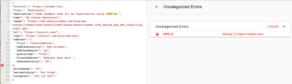 JSON-LD Missing '}' screenshot -- Google Structured Data Testing Tool