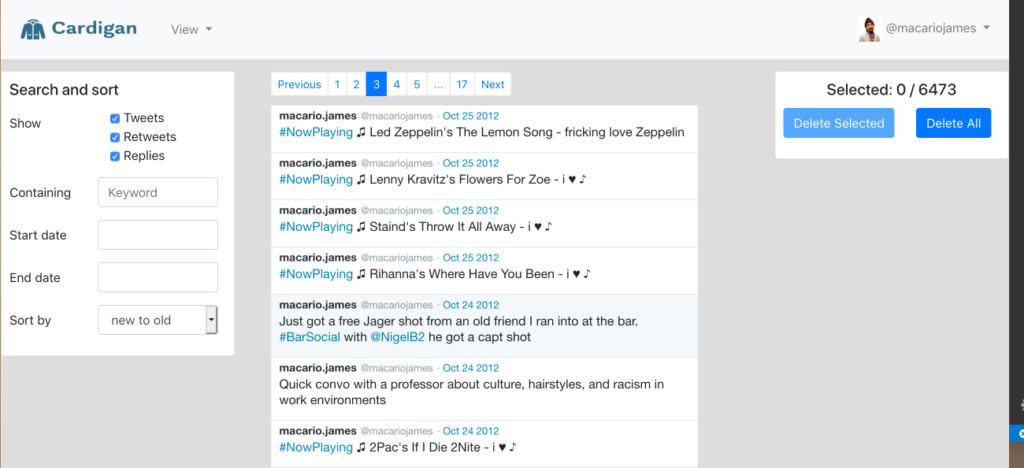 Browse Tweets screen in Cardigan