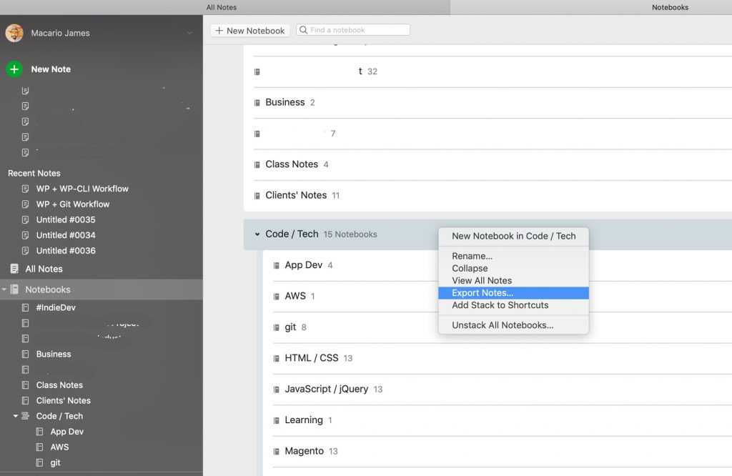 Screenshot of Exporting Evernote Notebooks