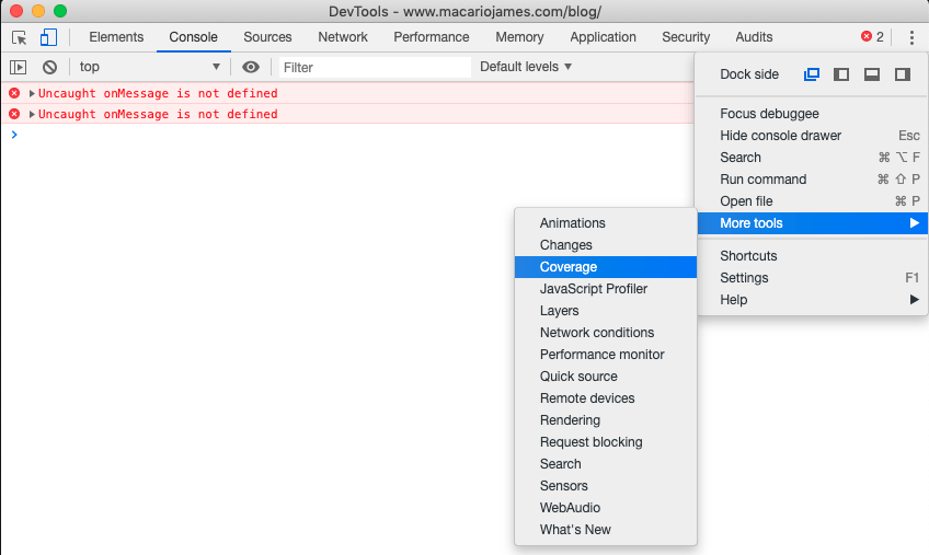 DevTools Coverage tool screenshot 2019