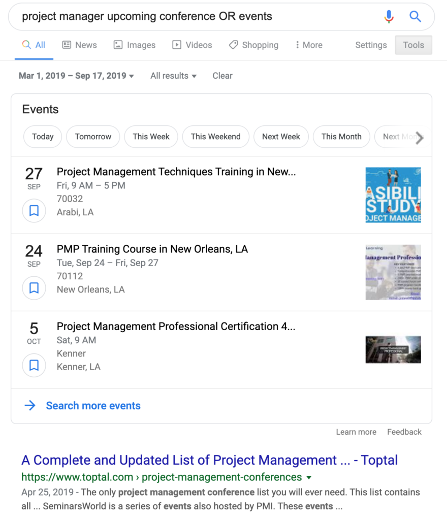 Googling for upcoming conferences and events