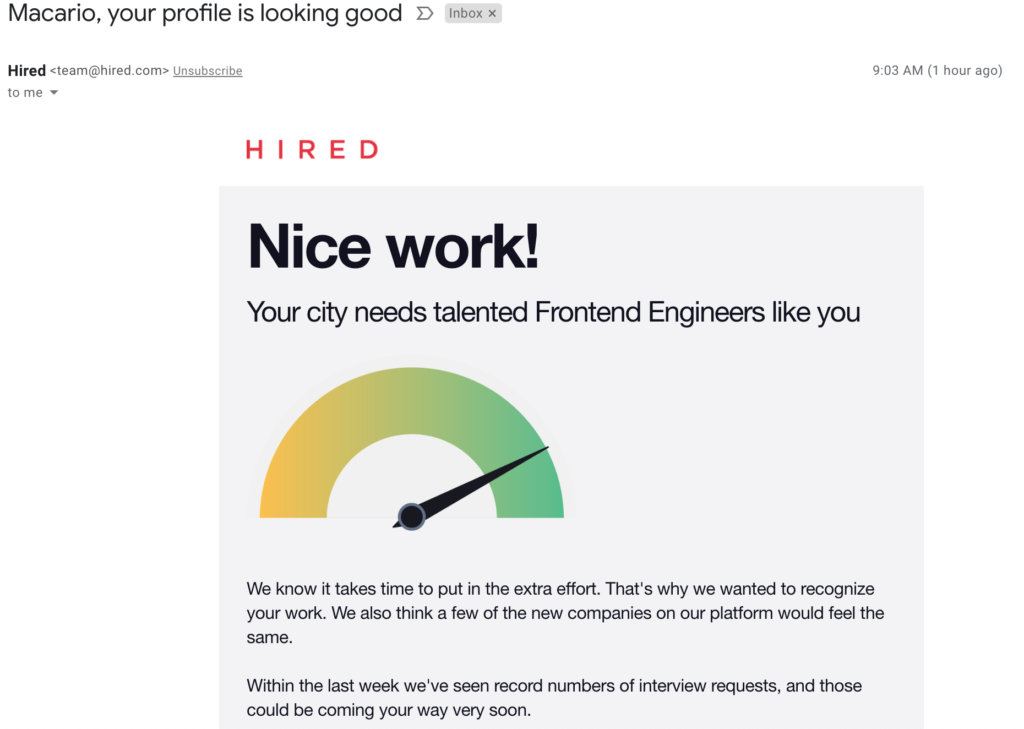 Hired.com email screenshot getting me back