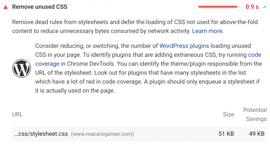 PageSpeed Insights - Remove unused CSS