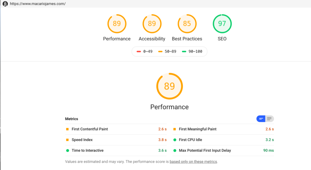 web.dev (Lighthouse) Performance Scores for macariojames.com