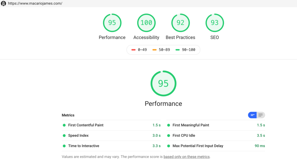 web.dev (Lighthouse) Performance scores AFTER removing unused CSS